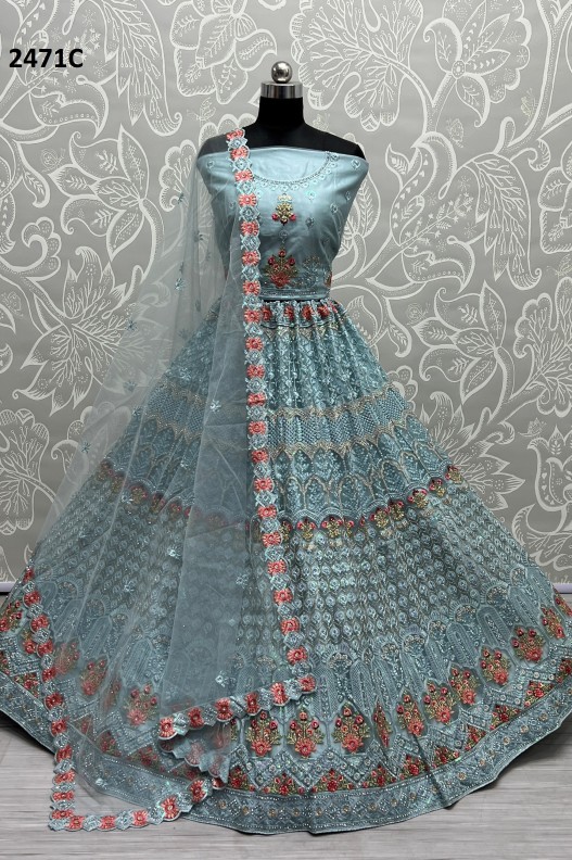 Designer Heavy Bridal Lehenga With Multi Thread Embroidery Work & Diamond work On Net